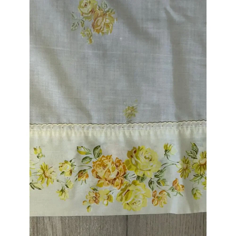 Vintage Full Flat Sheet Yellow Rose Floral Border Cottagecore Bedding
